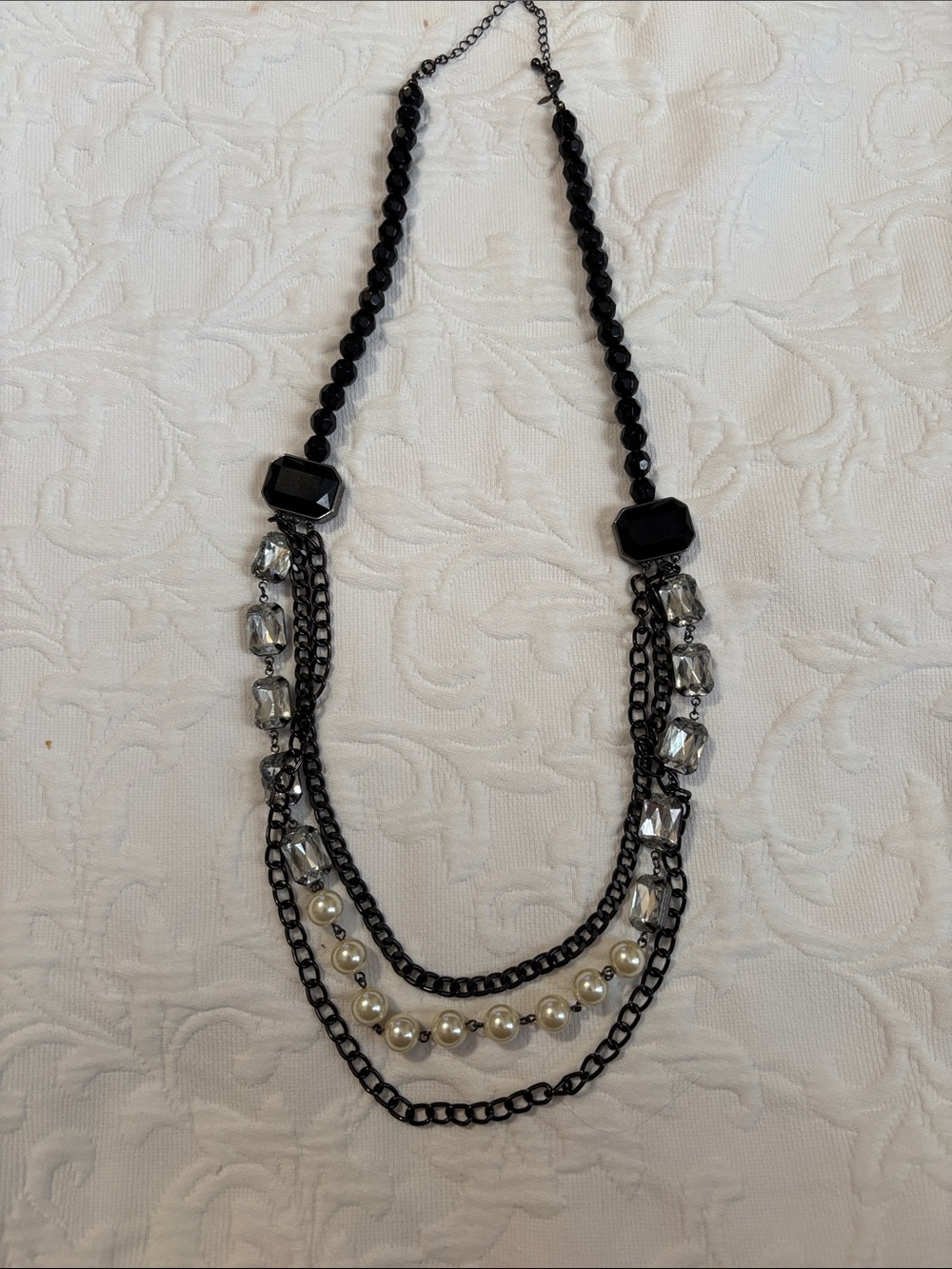 Multi-Strand Black Statement Necklace with Pearl and Crystal‎ Accents